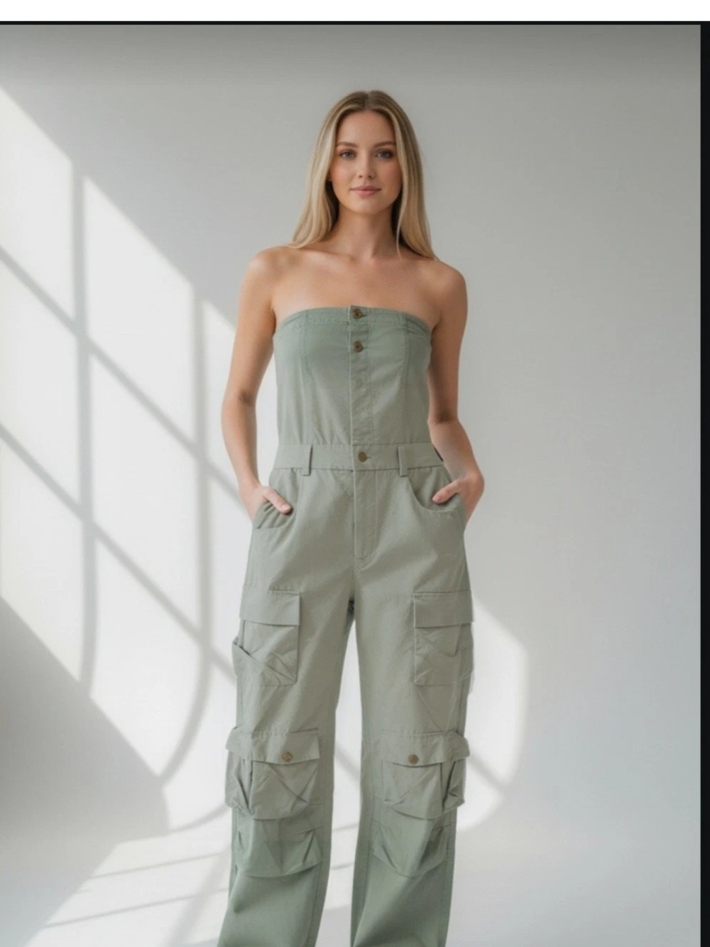 Strapless Cargo Jumpsuit in Sage Green